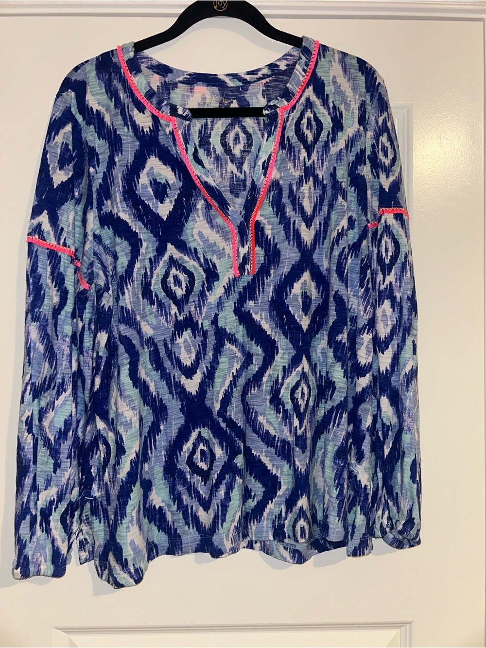 Lilly Pulitzer Blue Ikat Print Long Sleeve Top with Pink Trim